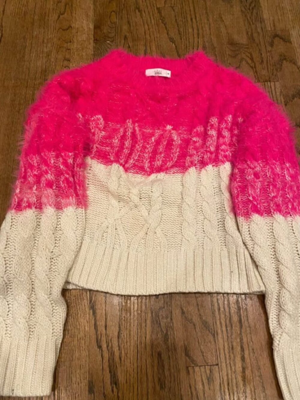 Talulah Fuzzy Cable Knit Sweater Medium Hot Pink Cream Colorblock
